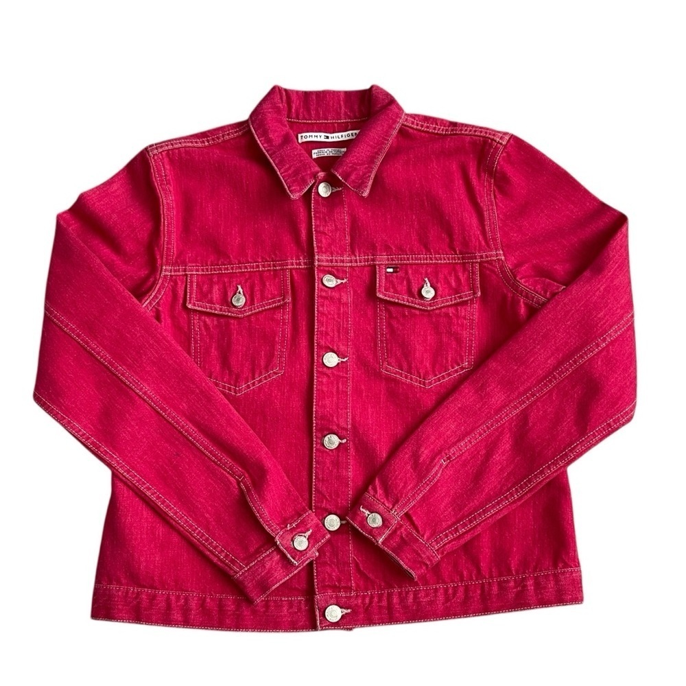 Tommy Hilfiger Vintage Jacket Size M Red Button Front Logo Patch Cotton Unisex